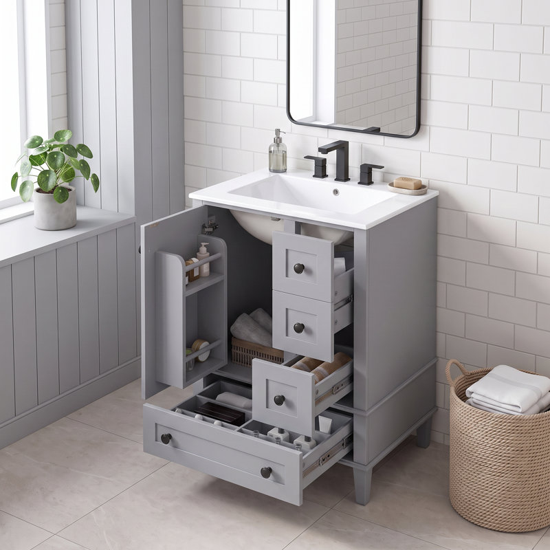 Meuble-lavabo autoportant en bois massif de 24 po + panneau de fibres à densité moyenne avec lavabo intégré en céramique, meuble de salle de bain gris avec tablette à double couche, tiroirs et porte à fermeture en douceur