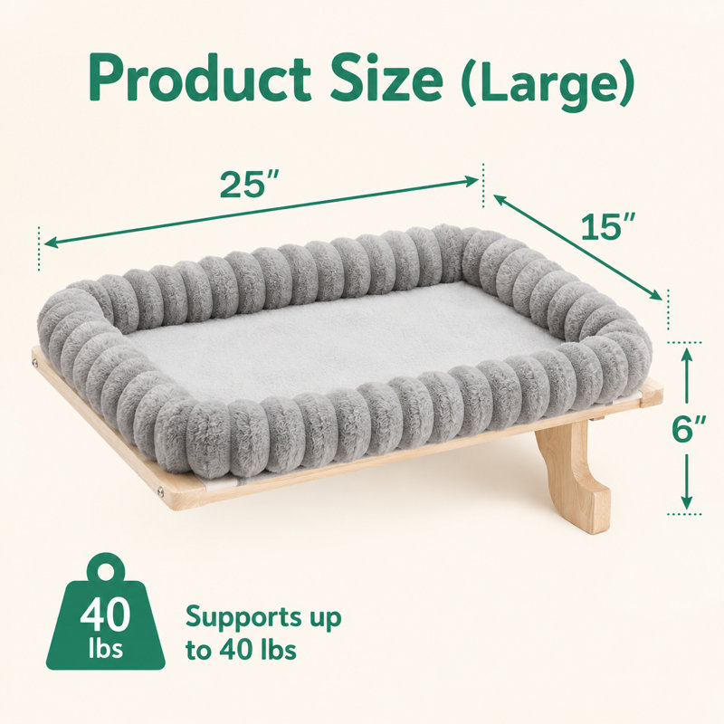 Upholstered Cat Window Perch, Solid Wood Cat Hammock with 4 Side Cloud Bolster, Grey