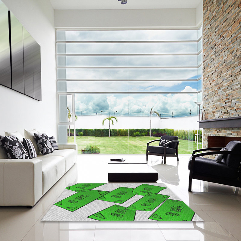 Tapis vert/crème tissé à la machine, Carré 5 pi