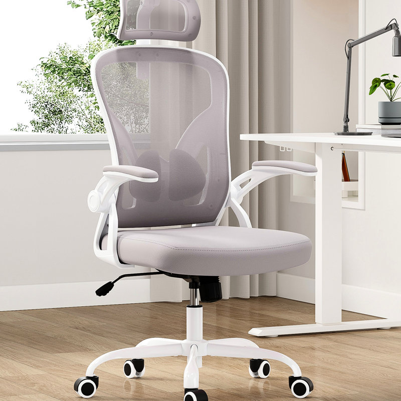 Fauteuil de bureau confortable pour le bureau à domicile avec appui-tête, fonction lombaire et berçante réglable - ergonomique blanc et kaki, rabat lombaire, filet respirant pour le bureau, la salle d'étude, la salle de jeu