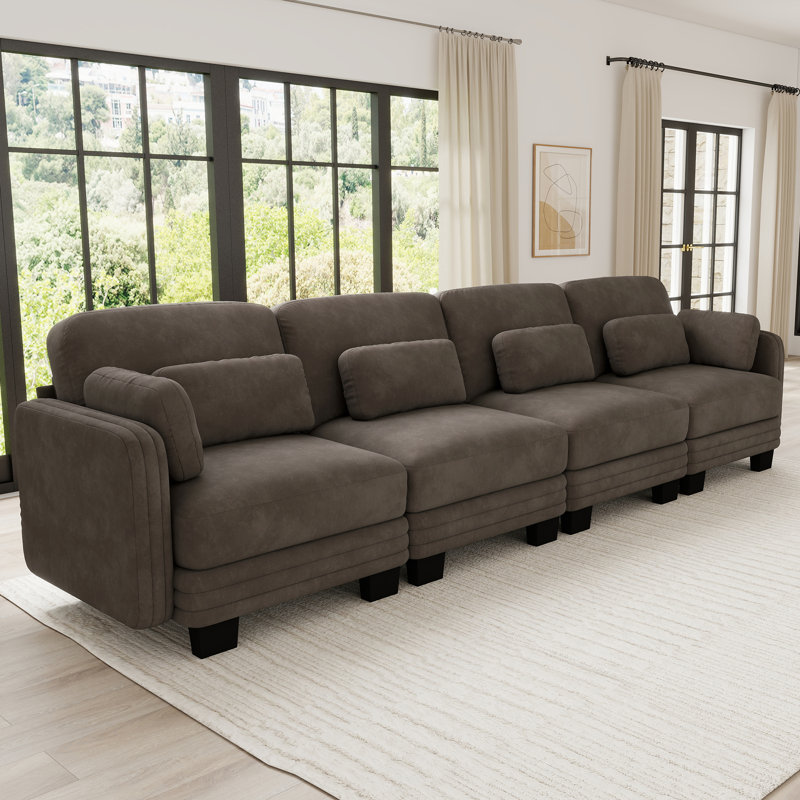 Canapé d'angle modulaire 4 places au design minimaliste moderne capitonné, avec coussins d'assise épais et confortables, idéal pour le salon, la chambre et l'appartement, en chenille.