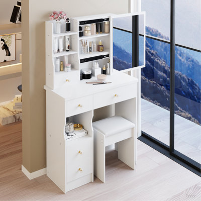 Petite coiffeuse 29,2 po avec tabouret de bureau à gauche et tabouret rembourré, très grand miroir coulissant à droite, rangement multicouche à grande capacité, commode pratique et pratique, convient aux petits espaces