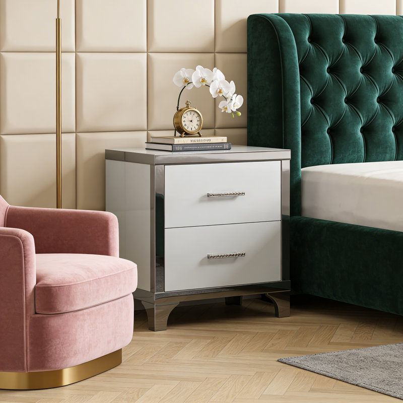 2 Drawers High Gloss Mirrored Nightstand Bed Side Table Small Night Stand, White