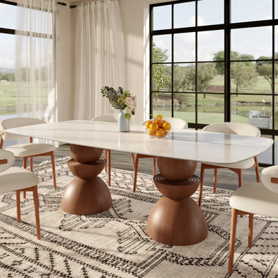 87"/94" Mid-Century Double Pedestal Solid Wood Dining Table With Rectangular Sintered Stone Tabletop