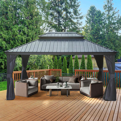 12' X 16' Hardtop Gazebo Outdoor Metal Gazebo With Galvanized Steel Double Roof Canopy, Aluminum Frame, Curtains And Netting For Patio, Deck, Garden, Grey