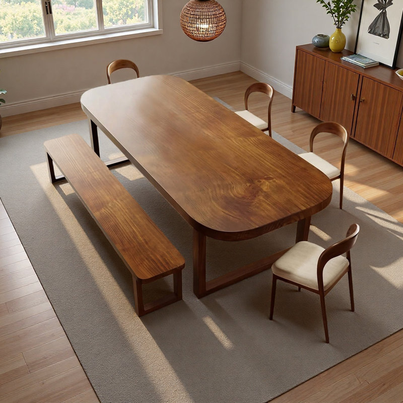A 6-seater rectangular solid wood dining table, 29.53"H x 86.61"L x 35.43"W