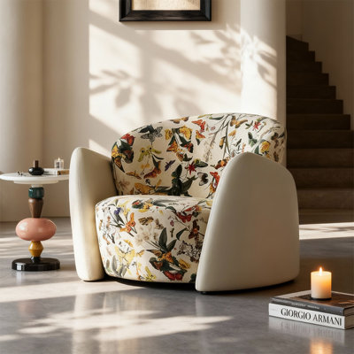 32.68"W Butterfly Jacquard Chenille Beige Curved Reading Side Chair For Living Room