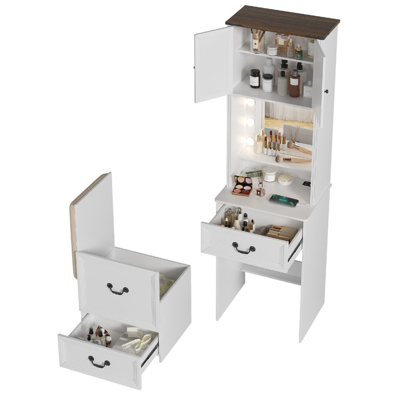 Small Makeup Vanity Set with LED Lights, White;Brown
