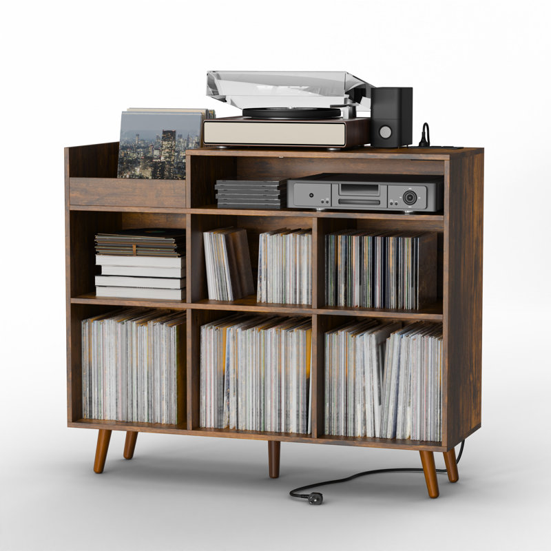 Meher 45" W Vinyl Record Storage Cabinet with Charging Station, Adjustable Open Shelves, Rustic Brown