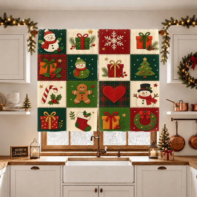 2Pcs Christmas Patchwork Curtains, Snowman, Gingerbread Man, Tree, Gift Box print, festive and cozy, light filtering, privacy protection, rod-pocket design, suitable for living room, bedroom, home decoration