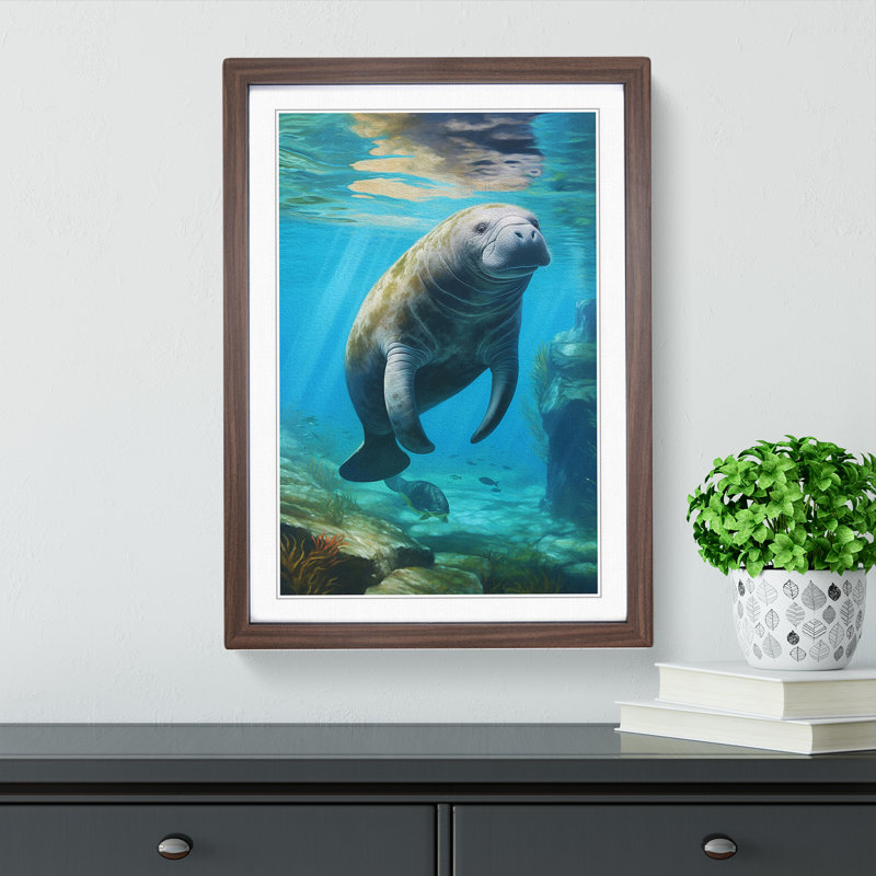 Manatee Hard Edge Painting - Single Picture Frame Print on Wood, 34cm H x 25cm W x 2cm D, Walnut Framed
