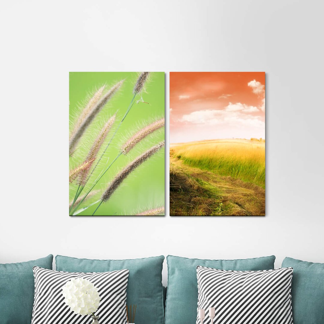 2-tlg. Leinwandbilder-Set - Fotografie „Wheat Field Red Sky Green Horizon Summer”