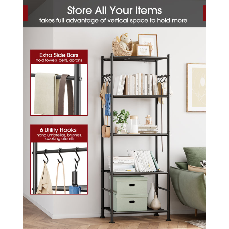 Storage Shelves - 5-Tier Large Capacity Shelf Organizer with Hooks, Heavy-Duty Garage Shelving with Leveling Feet, Wobble-Free Rack for Bedroom, Balcony, Garage, 18.1"×12.4"×56.8", Black