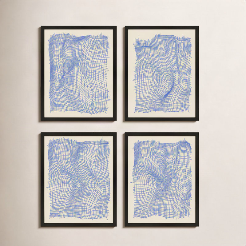 Filet. Ensemble de 4 œuvres d'art encadrées, par Jacques Pilon, Papier avec cadre noir simple, H 25 po x l 80 po x P 1,25 po