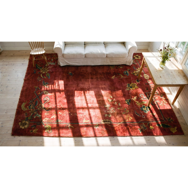 Tapis art déco chinois en laine noué à la main rouge / rouille antique des années 1920