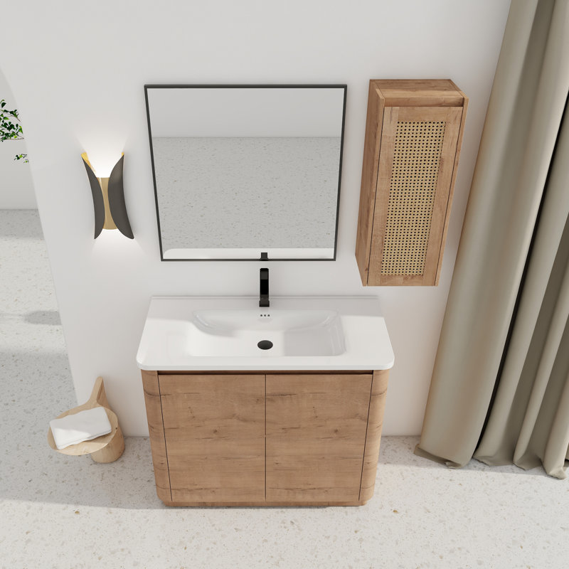 Meuble-lavabo autoportant contemporain avec lavabo en céramique et 2 portes à fermeture douce, 40"