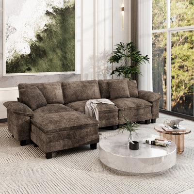 124" Modular Sectional Sofa, Oversized L Shaped Couches With Ottoman, 4-seater Deep Seat Sofa With Throw Pillow