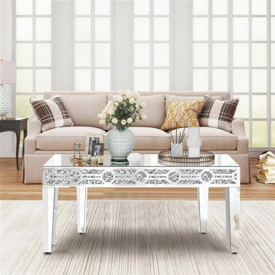 Table basse rectangulaire en miroir, tables de salon argentées avec incrustation de cristal, table basse moderne unique en miroir, meubles en miroir pour le salon, le bureau