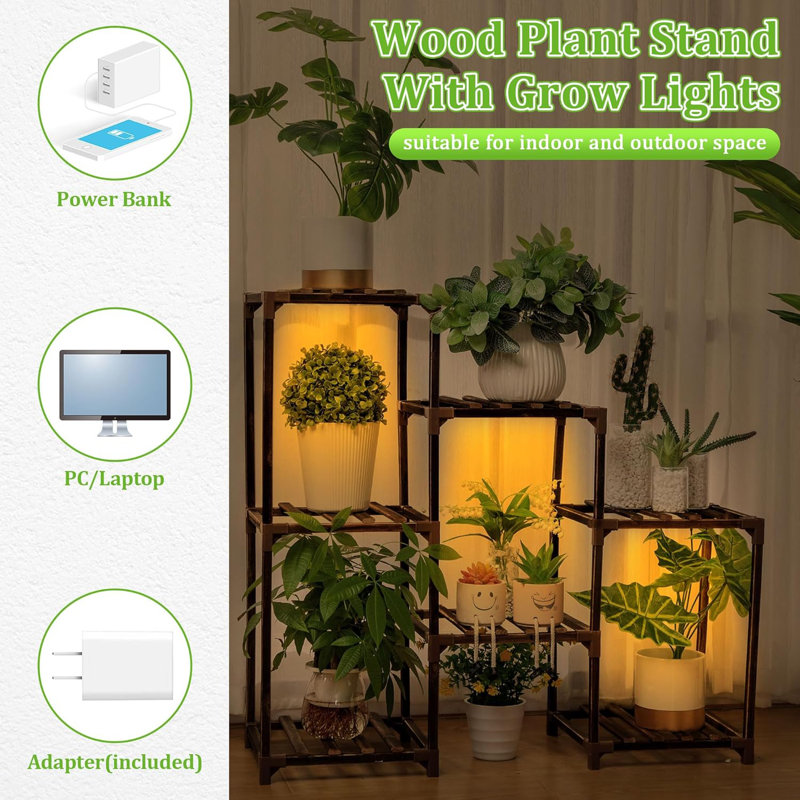 Tall Dark Brown Wooden Plant Stand with Full Spectrum Grow Lights