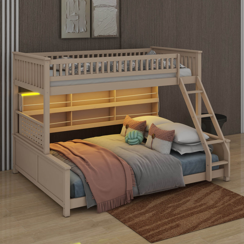 Cadre de lit superposé en bois avec tablettes de rangement latérales intégrées et corde anti-chute, lumières, panneau perforé