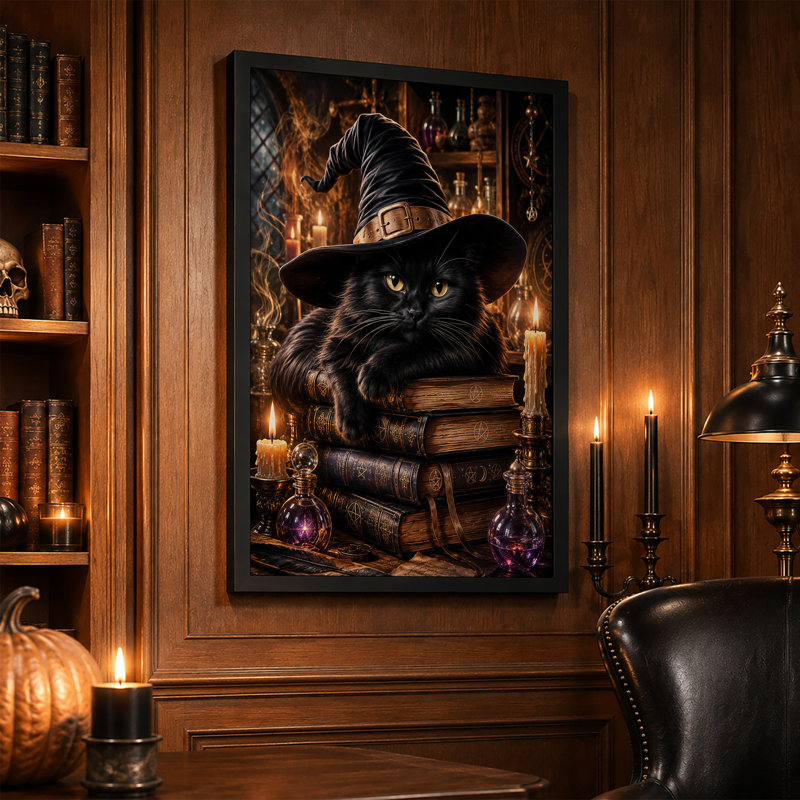 Art mural sur toile, "Chat noir en chapeau de sorcière pointu sur pile d'Halloween", H 30 po x l 20 po
