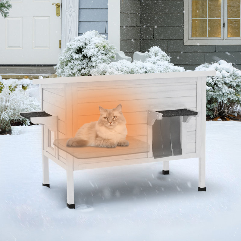 Cages pour chat d'extérieur en bois chauffées avec coussin chauffant, Blanc