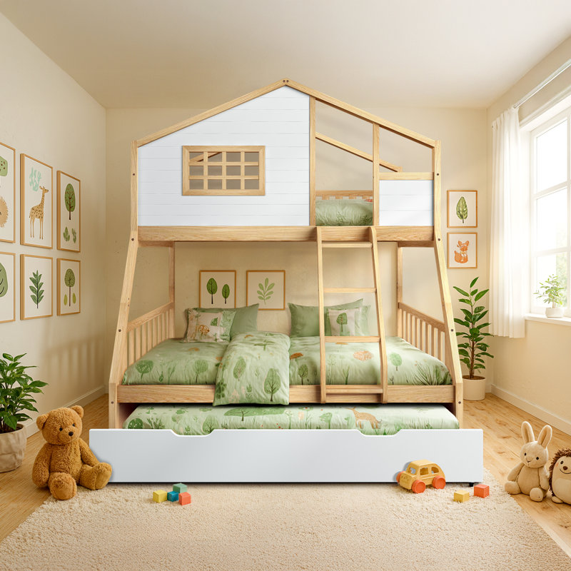 Lit superposé simple au-dessus d'un lit double en bois avec lit gigogne Treehouse, Blanc