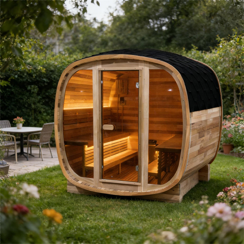 4-6 Person Brown Tinted Glass Panel And Red Cedar Outdoor Square Traditional Steam Sauna, Solid Wood Sauna Outdoor Use For Patio, Garden, Backyard
