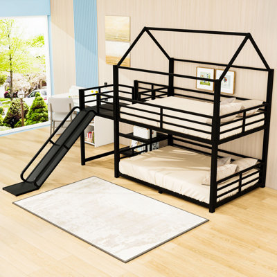 Metal House Bunk Bed With Storage Staircase, Slide And Safety Guardrails