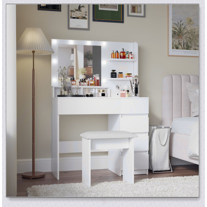 Ensemble de coiffeuse de maquillage avec miroir Hollywood, éclairage à DEL réglable et beaucoup de rangement, parfait pour la maison ou le salon
