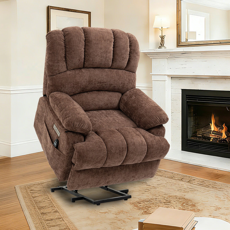 Emalina High Back Large Size Power Lift Assist Recliner with Heat, Massage, Brown Chenille
