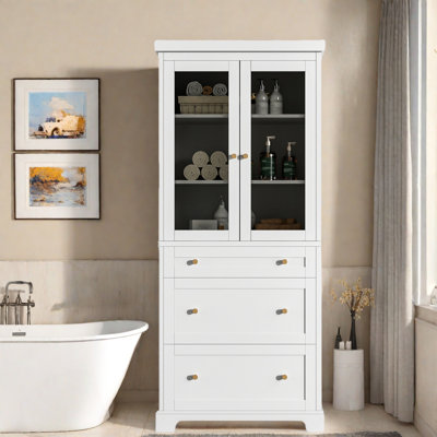 Armoire de salle de bain haute autoportante moderne avec 2 tablettes réglables, 3 tiroirs et portes en verre à fermeture en douceur