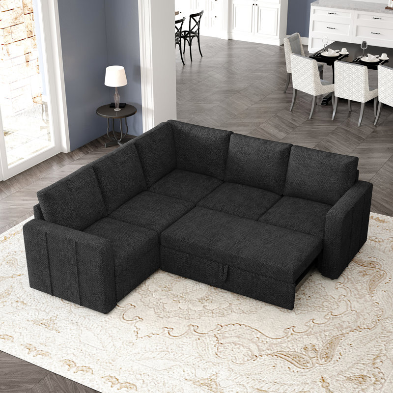 Aubade Storage L-Shaped Modular Sofa Set With Pull-Out Sofa Bed, Dark Gray Chenille