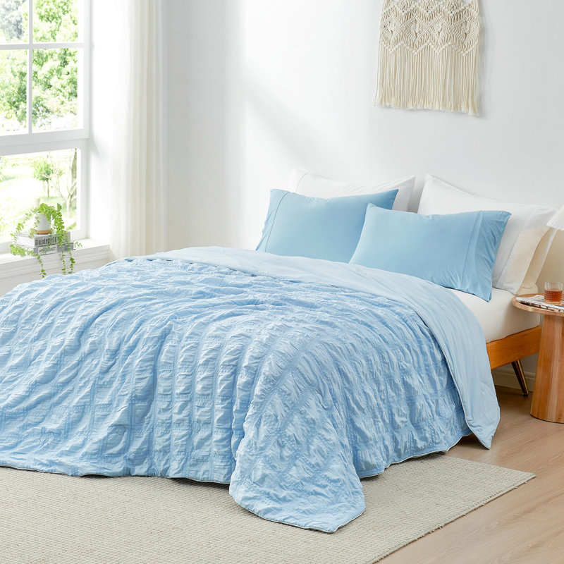 Édredon réversible réversible à motif écossais en tissu Seersucker, Édredon simple extra long, Bleu