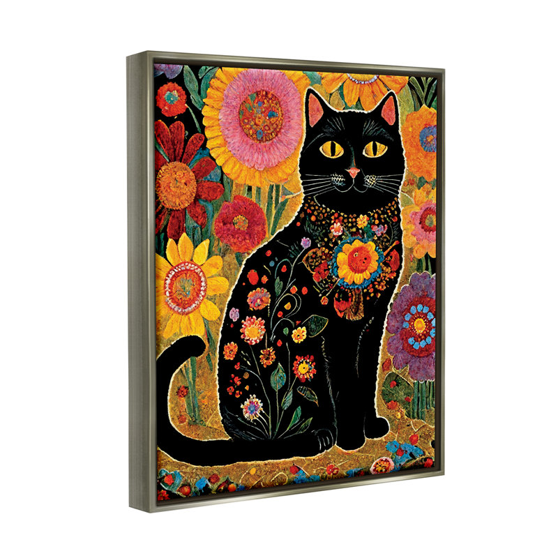 Ba-499-Chat flottant avec motifs floraux, encadré sur toile par Gary Shergill Designs, Cadre flottant gris lustré