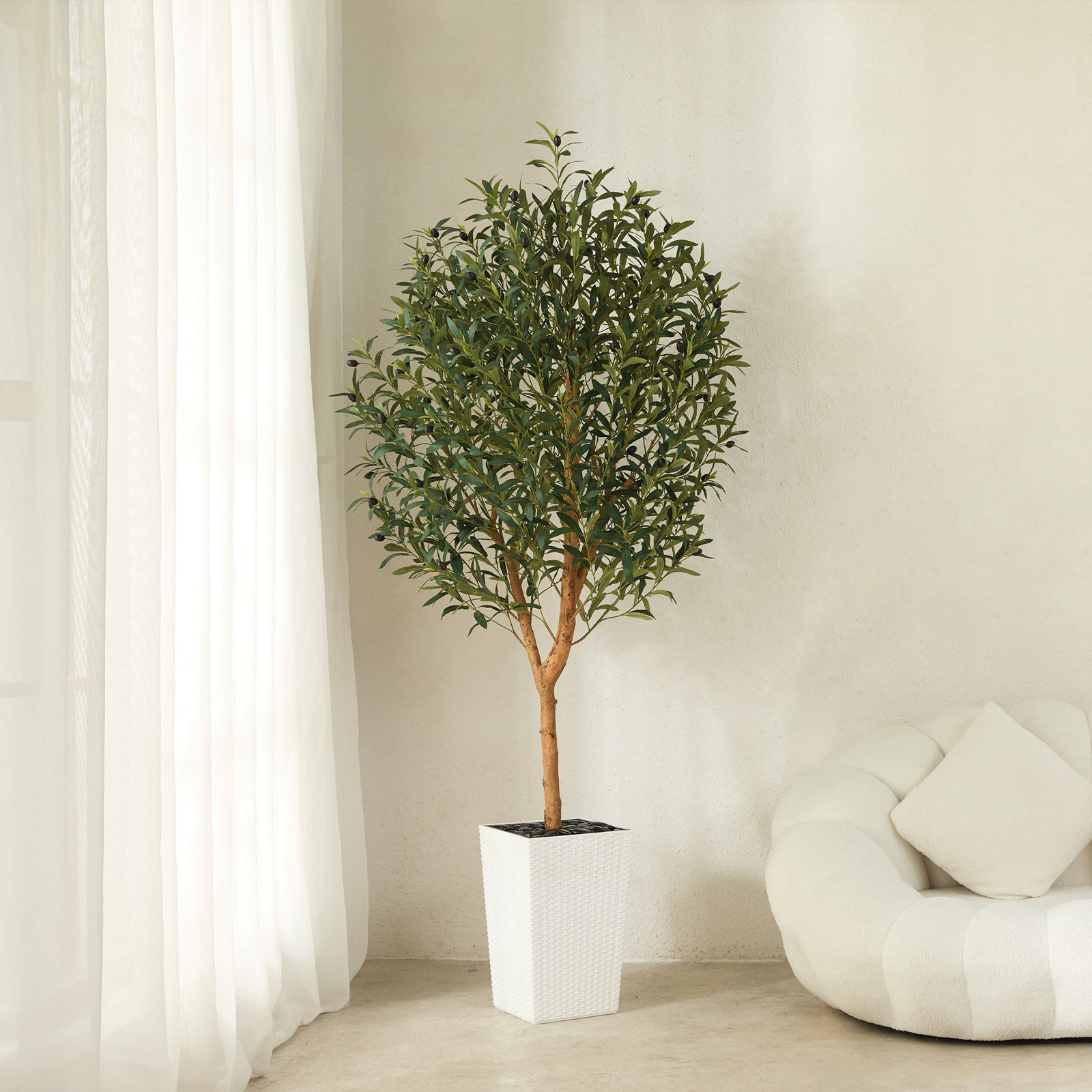 George Olive Tree in Decorative Vase, 72" H x 24" W x 24" D, White