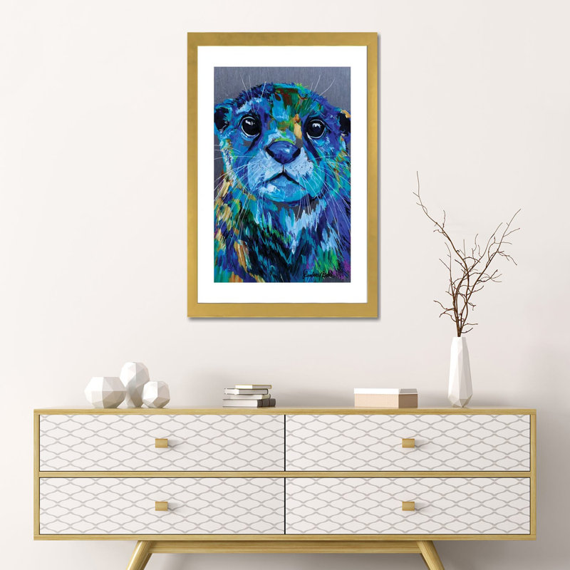 Reproduction d’art, "Otter" par Lindsey Dahl, H 24 po x l 16 po x P 1 po, Papier encadré doré, Blanc