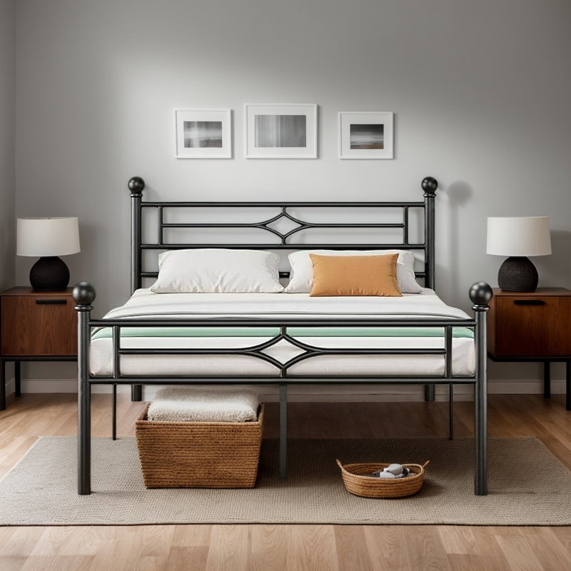 Black Metal Frame Bed With Headboard And Footboard, Queen