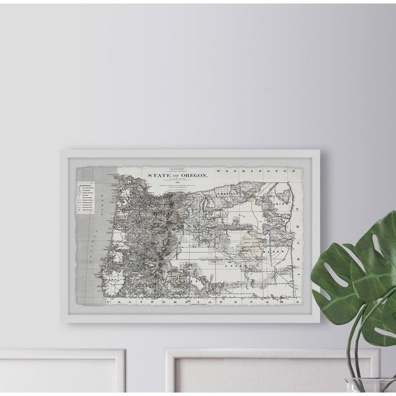 « carte de l’état de l’oregon »-impression d’art graphique sur papier encadrée, H 16 po x l 24 po x P 1,5 po