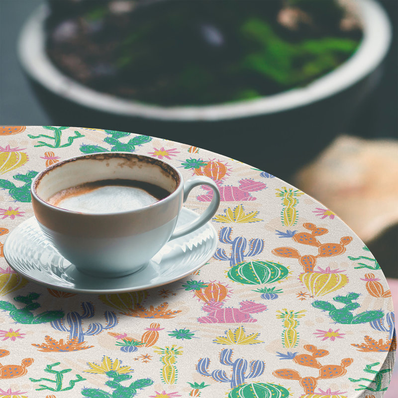 Ebern Designs Succulent Fitted Round Tablecloth Champagne and Multicolor