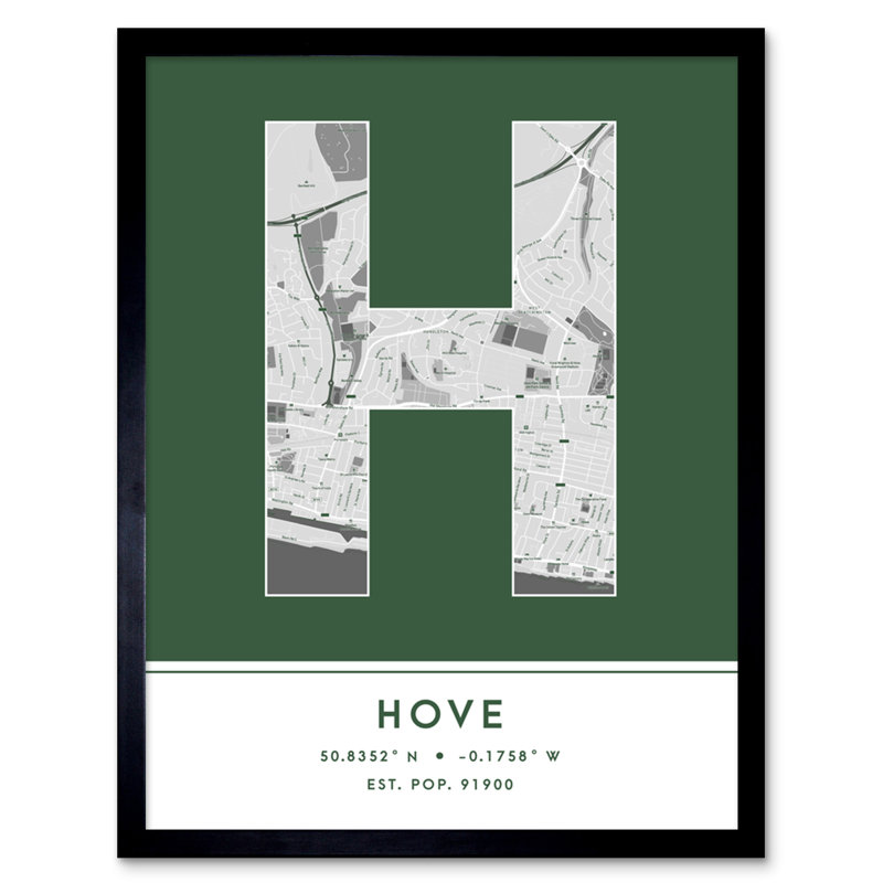 Hove City Map Hove England United Kingdom City Map Green - Single Picture Frame Typography