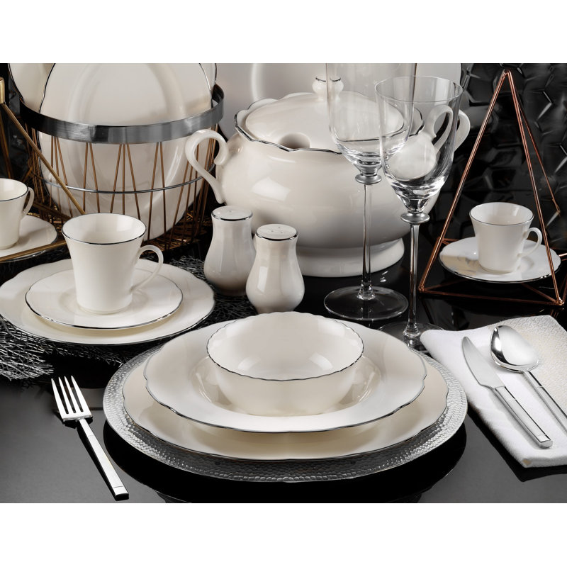 Coughlin Piece Porcelain China Dinnerware Set, White/Silver