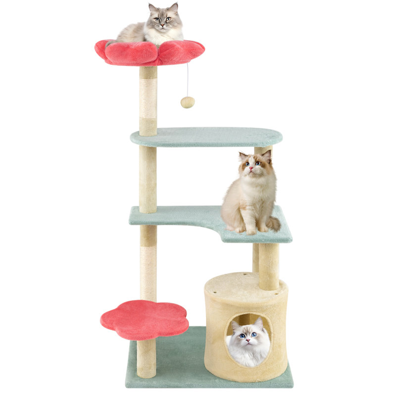 Arbre à chat 49 po rose avec poteaux à griffer en sisal
