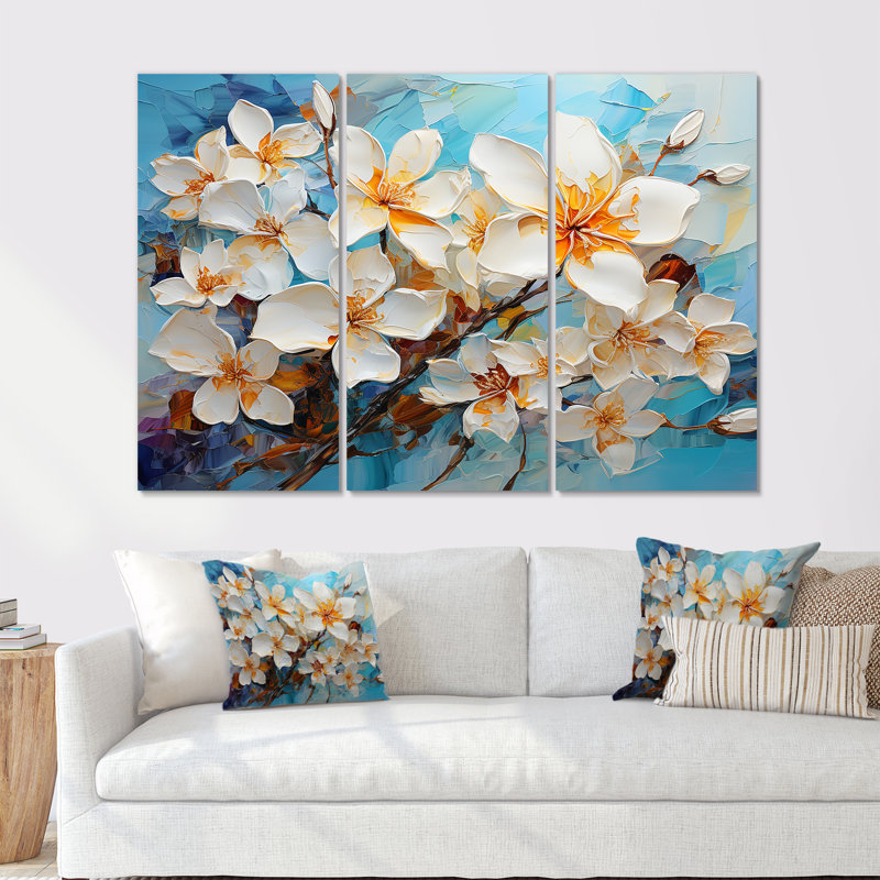 «Plumeria Blossom I», ensemble de reproduction d'art mural beige et blanc, H 32 po x l 48 po x P 1 po