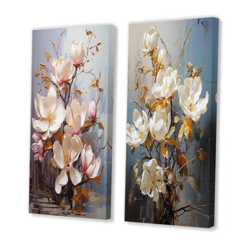 «Magnolias» - ensemble de 2 impressions sur toile dorées, H 40 po x l 41 po, Toile tendue