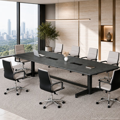 118.1" Modern Rectangular Conference Table with Dual-Sided Power Module, 2 AC Outlets, 2 USB-A Ports and Cable Management, Black Oak/Black