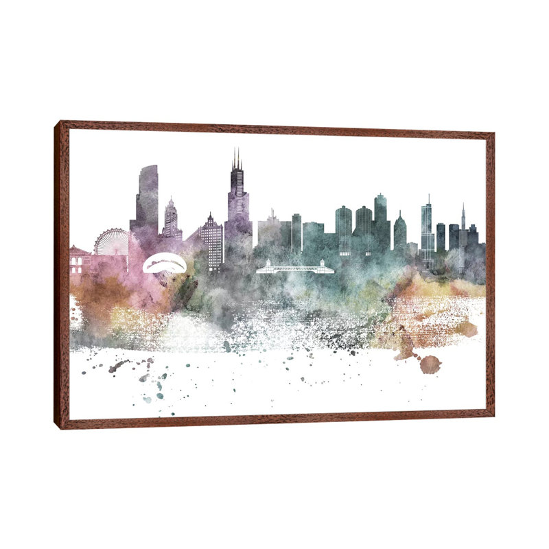 Chicago Pastel Skylines - Print on Canvas, 101.6 cm H x 66.04 cm W, Classic Brown Wood Framed