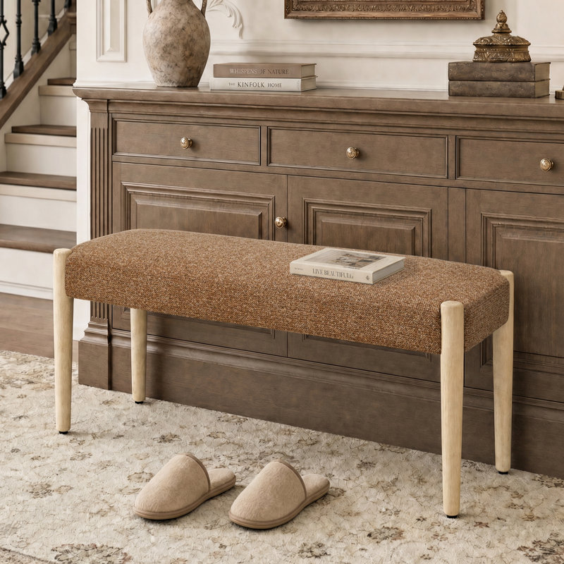 42'' W Modern Upholstered chenille Bench, Orange, Light Brown