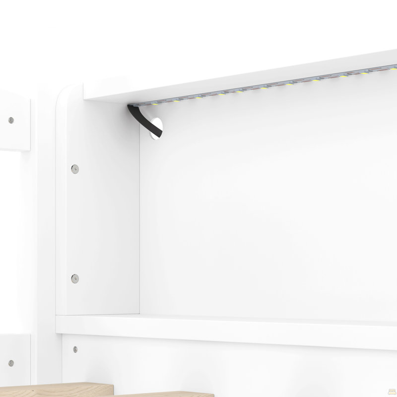 Lit mezzanine simple avec tablettes de rangement, lit mezzanine inférieur en bois massif avec lumières à DEL et garde-corps pleine longueur