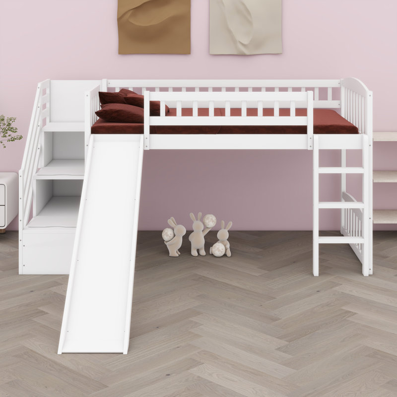 Space-Saving Stairway Loft Bed, White